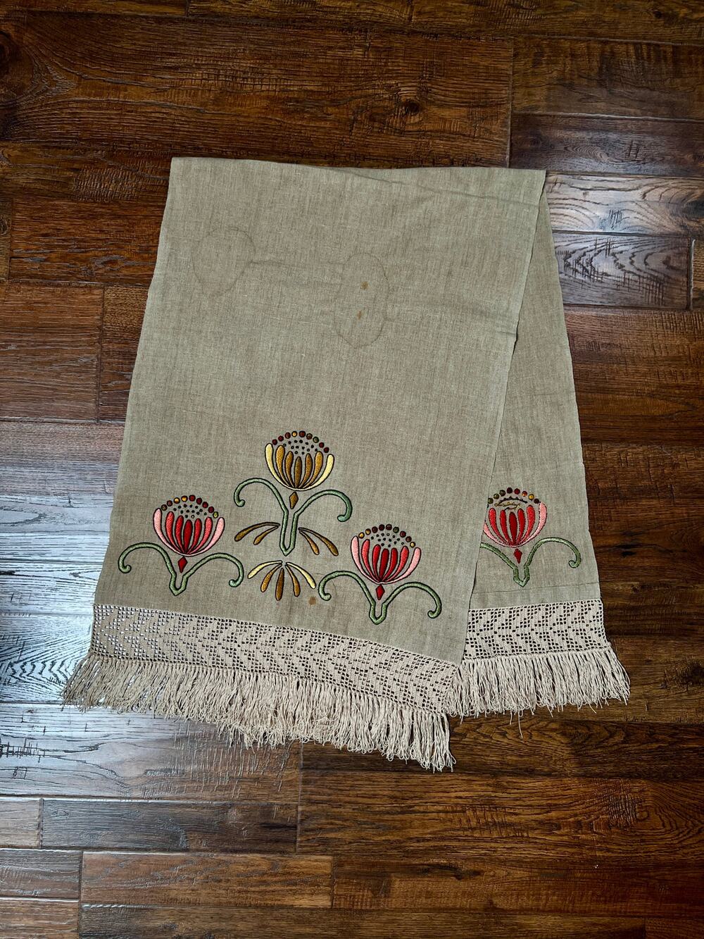 Vintage Linen Table Runner Hand Embroidered Art Deco Florals Crochet Lace Fringe